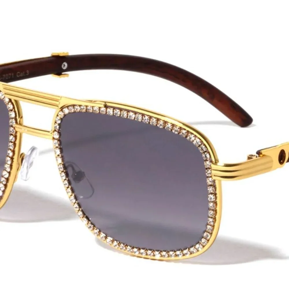 Men Sunglasses Champagne Lens Rectangular Gold Diamond Gang Style Quevo‎ Gafas